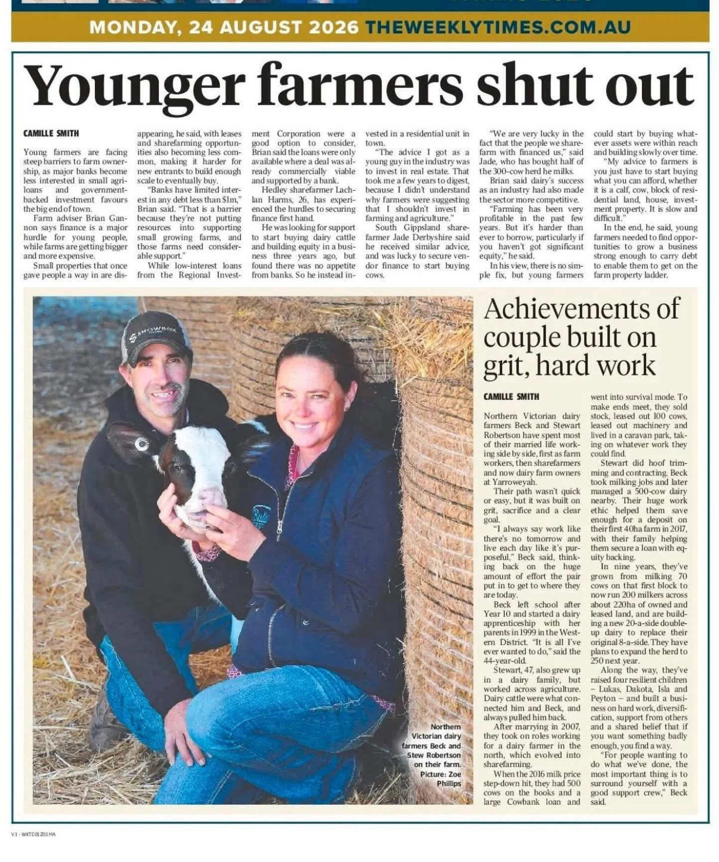 SPOTTED: BECK &amp; STEWART ROBERTSON 

An inspiring read on a hardworking and determined couple that went from employees to successful farm owners across a number of years. 

Well done guys 👏🏻 

📸 Weekly Times 19/8/26

#murraydairy