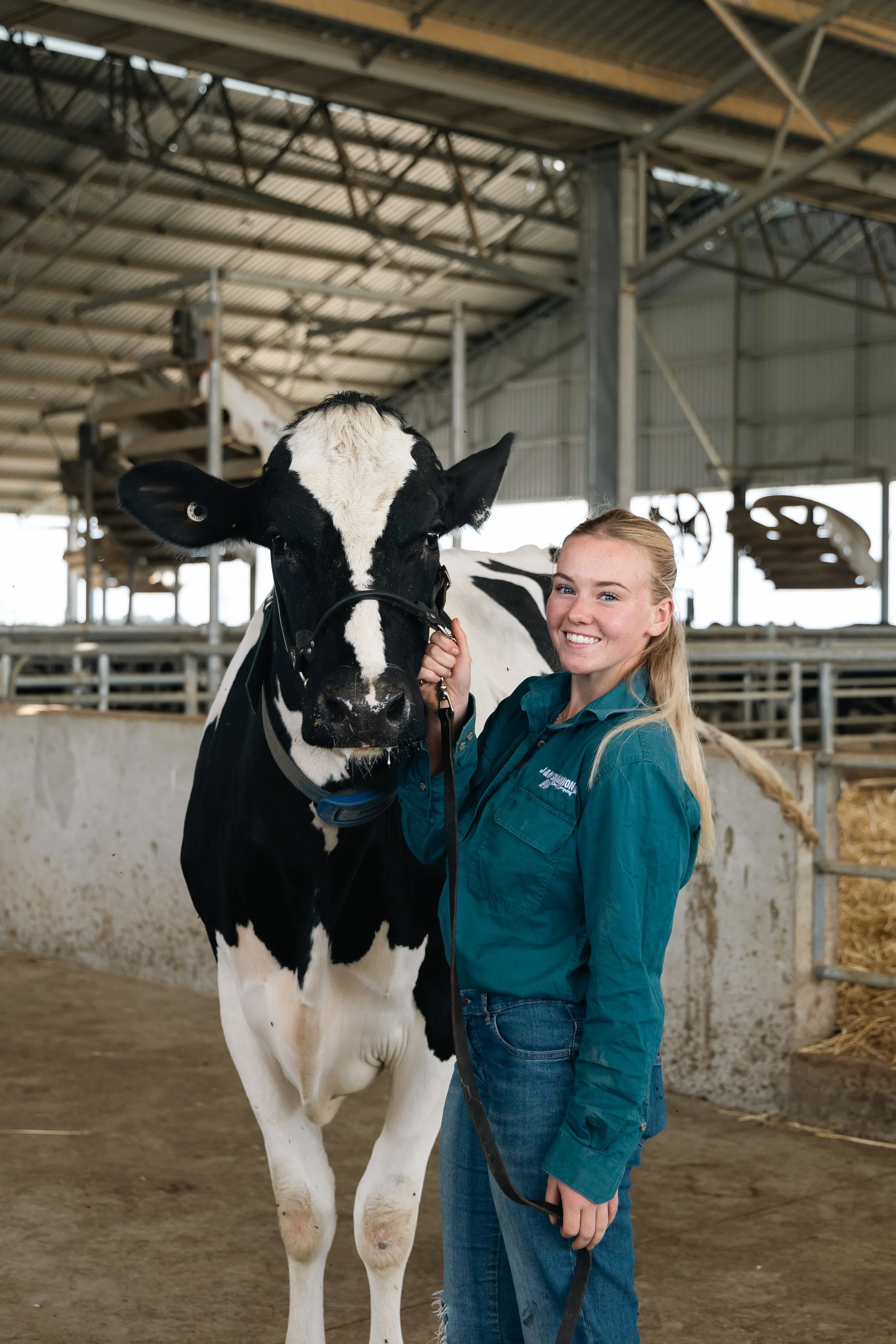 A young woman with blonde hair standing next to a black-and-white cow inside a barn.