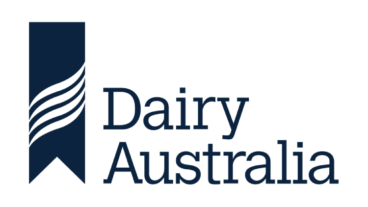 Logo of Dairy Australia with a stylized blue ribbon and three wavy lines, alongside the words 'Dairy Australia' in navy blue text.