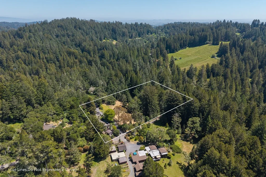 Aerial view of a wooded residential property outlined with lot lines, surrounded by dense forest and some open green fields in the distance.