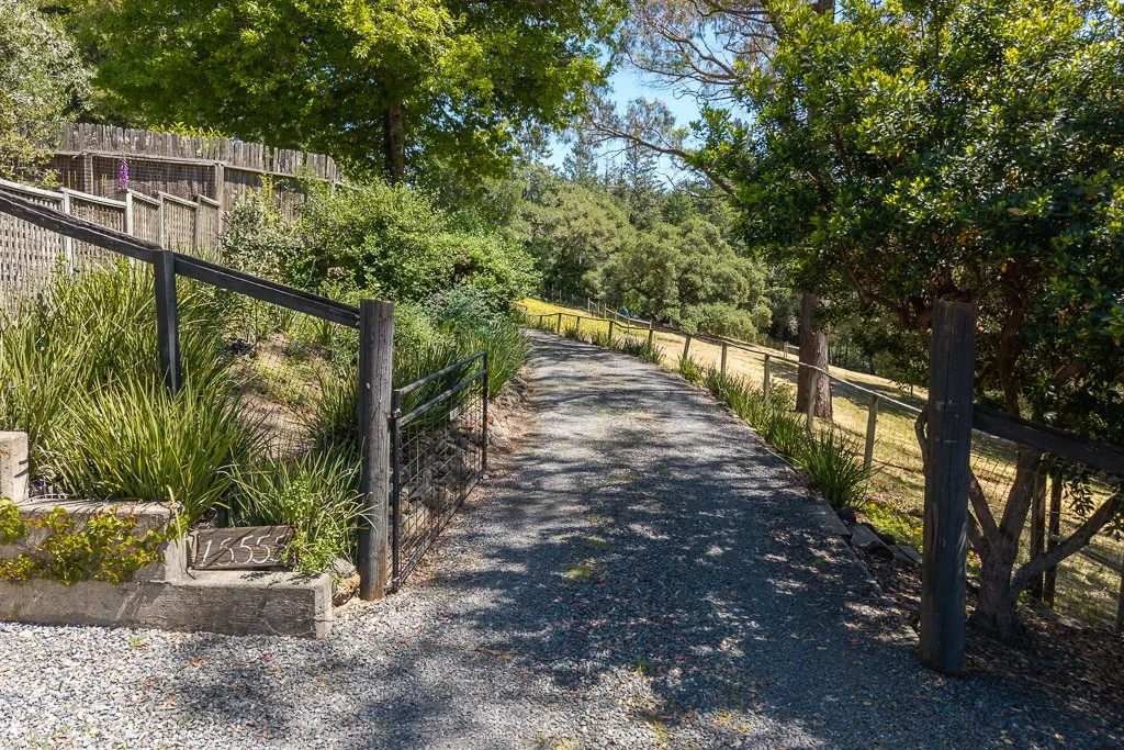 A gravel pathway surrounded by green trees and shrubs, with wooden fences on both sides, leading into a wooded area.