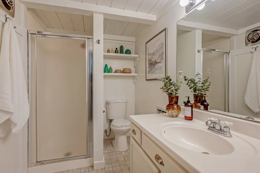 Bathroom with a shower, toilet, and vanity. The vanity has a large mirror, two potted plants, and soap dispensers. The walls and ceiling are white, and the floor has a light-colored tile pattern.