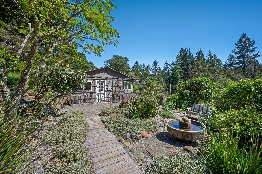 A lush garden with a wooden pathway, surrounded by green shrubs and trees, featuring a small fountain and a picnic table under a clear blue sky.