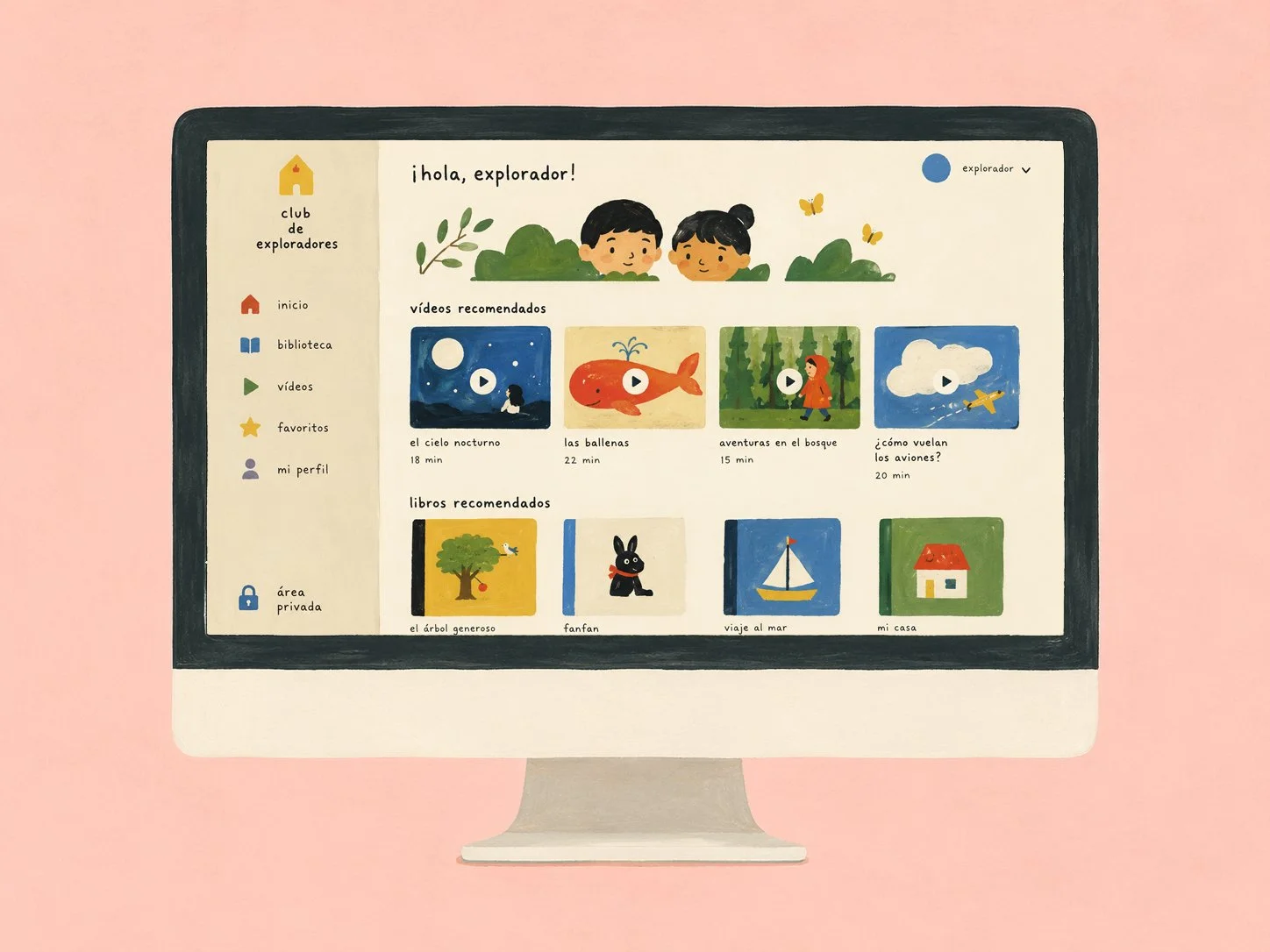 Pantalla de computadora con interfaz de un club de exploradores, mostrando categorías como inicio, biblioteca, videos, favoritos y perfil. Incluye recomendaciones de videos y libros con ilustraciones coloridas en un estilo infantil.