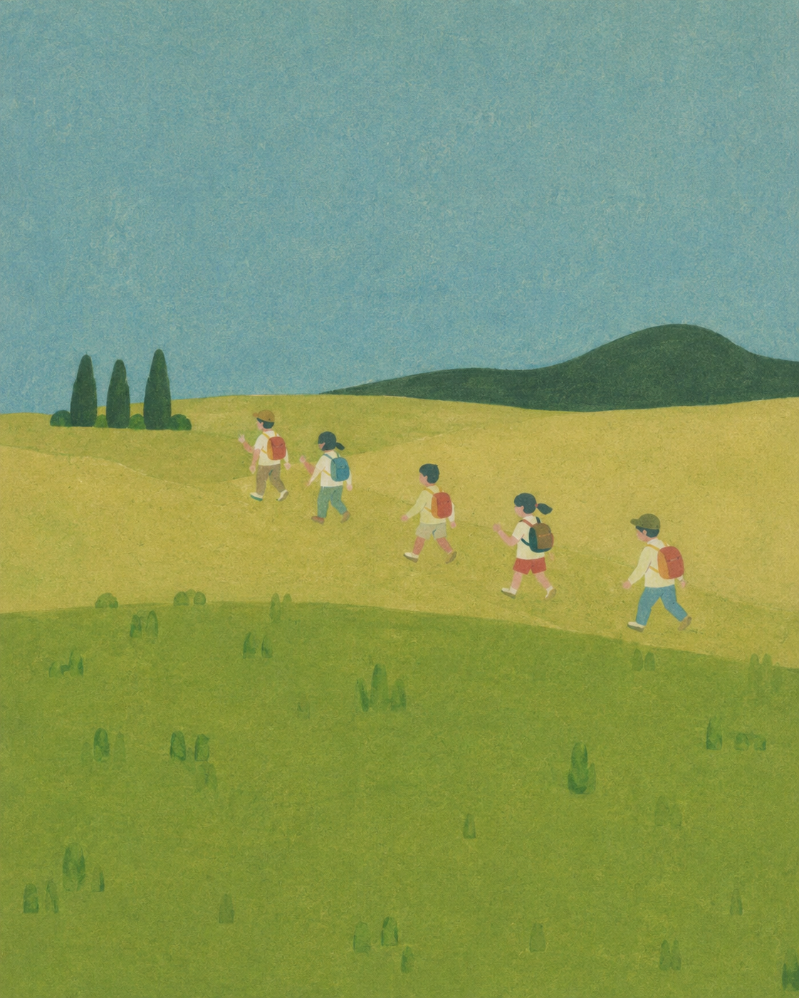 Grupo de niños caminando por un campo verde con árboles y colinas, con un cielo despejado.
