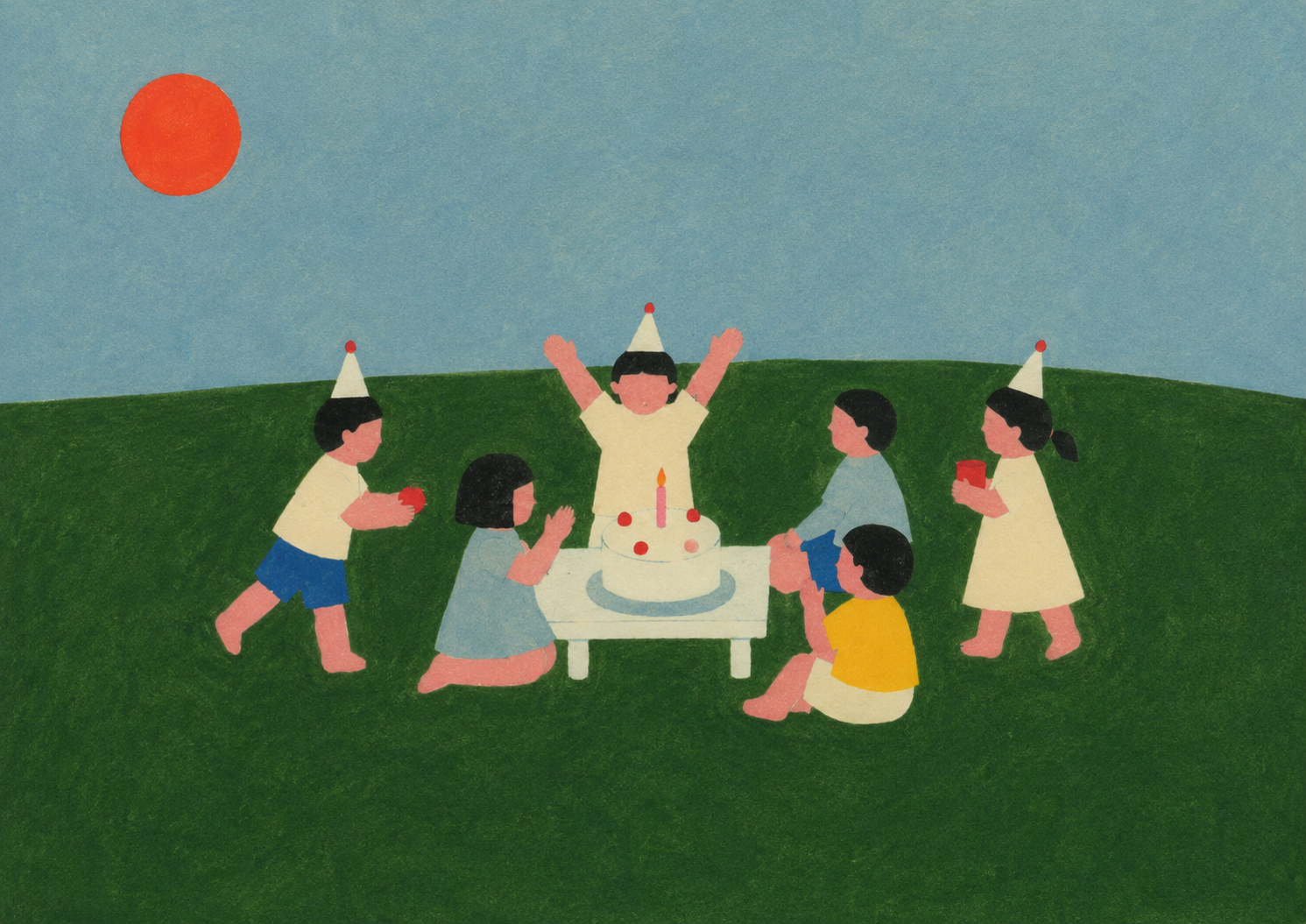 Dibujo de niños celebrando un cumpleaños en un campo con un pastel, algunos niños con gorros de fiesta y el sol en el cielo.