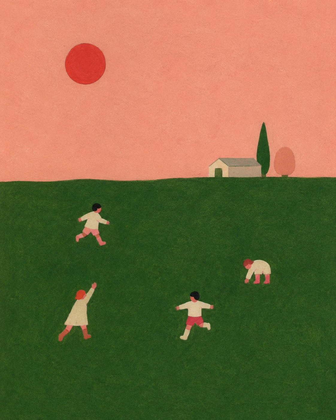 Ilustración de un campo verde con cinco niños jugando, un árbol, una casa y un sol rojo en un cielo rosado.