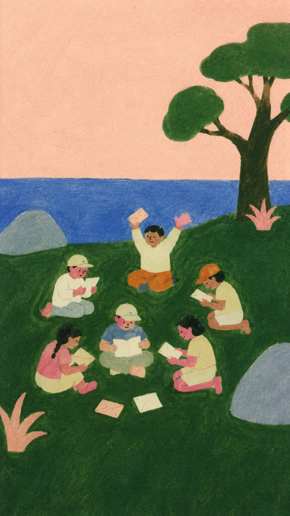 Un grupo de niños felices en un picnic en un campo cerca del mar, con árboles y rocas cercanas, algunos leen cartas o libros, en un ambiente tranquilo y alegre.