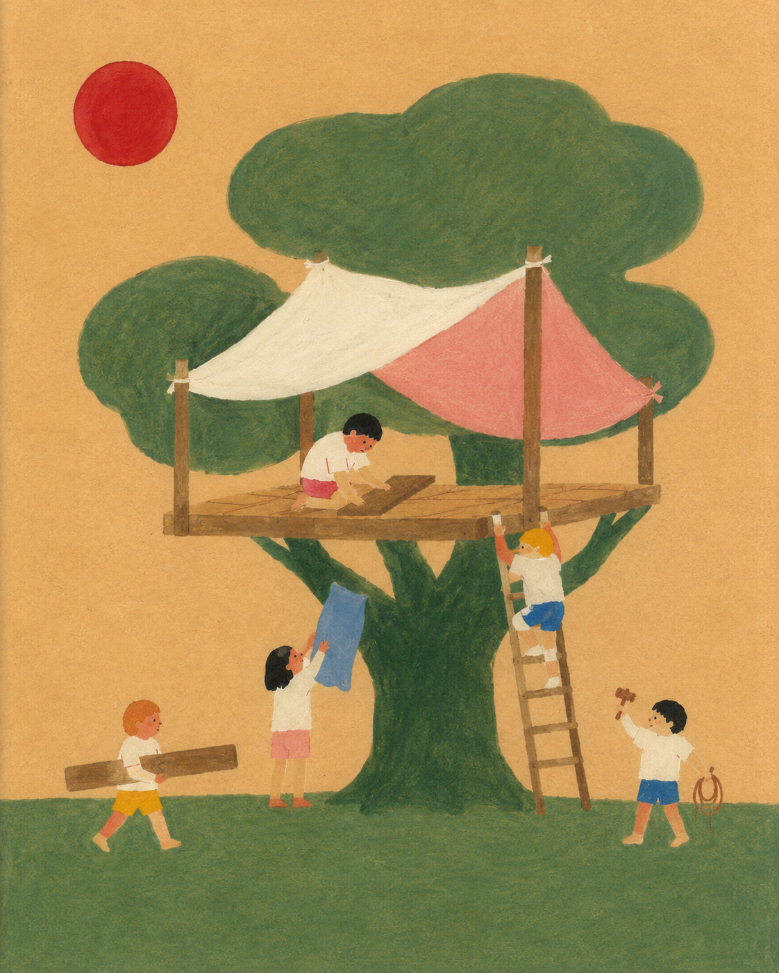 Dibujo de niños construyendo una casa en un árbol con toldos color rosa y blanco, en un fondo con árboles grandes y un sol rojo.