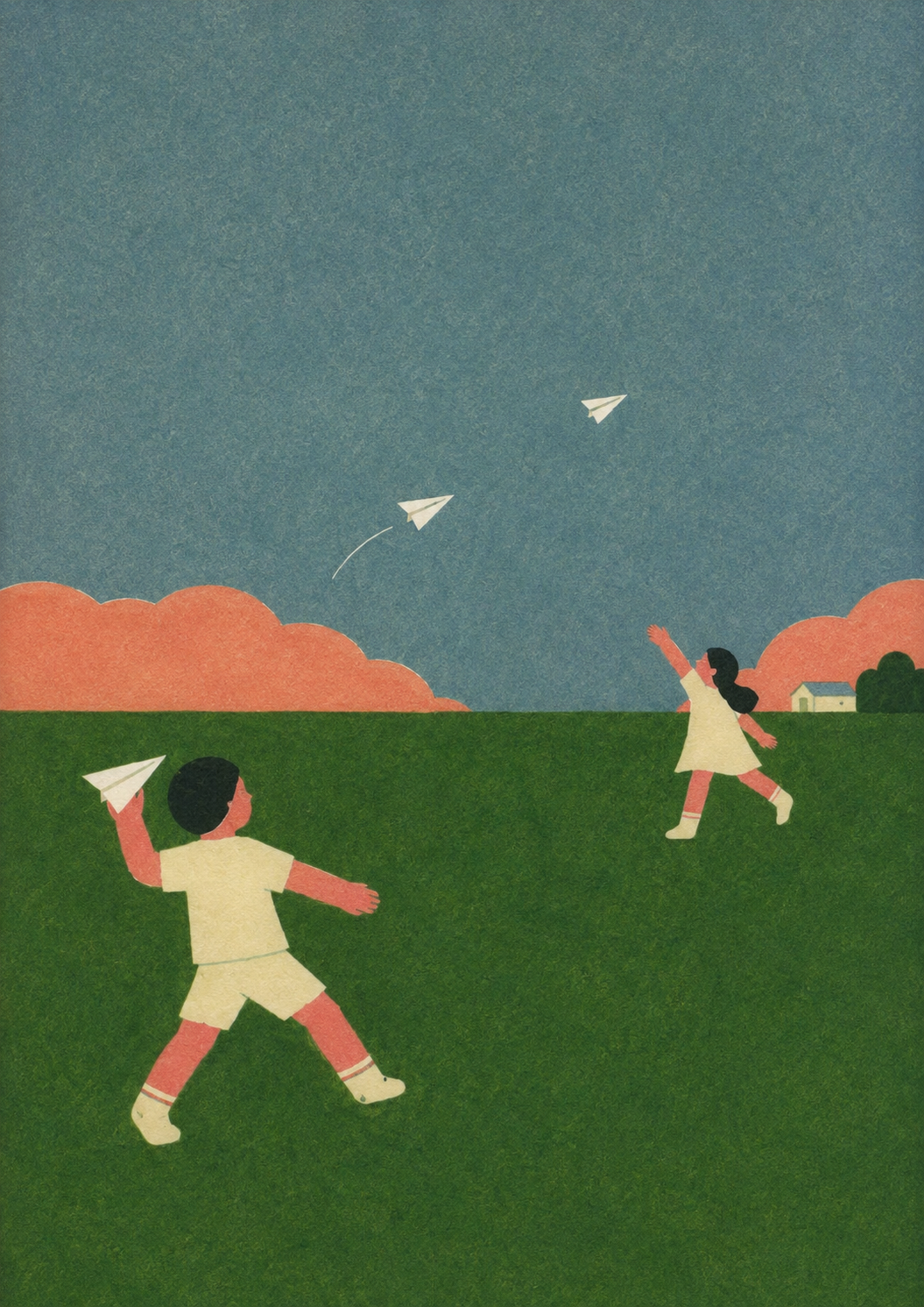 Dos niños pequeños jugando en un campo verde, lanzando aviones de papel al cielo en un día soleado, con un fondo de nubes rosadas y una casa pequeña.