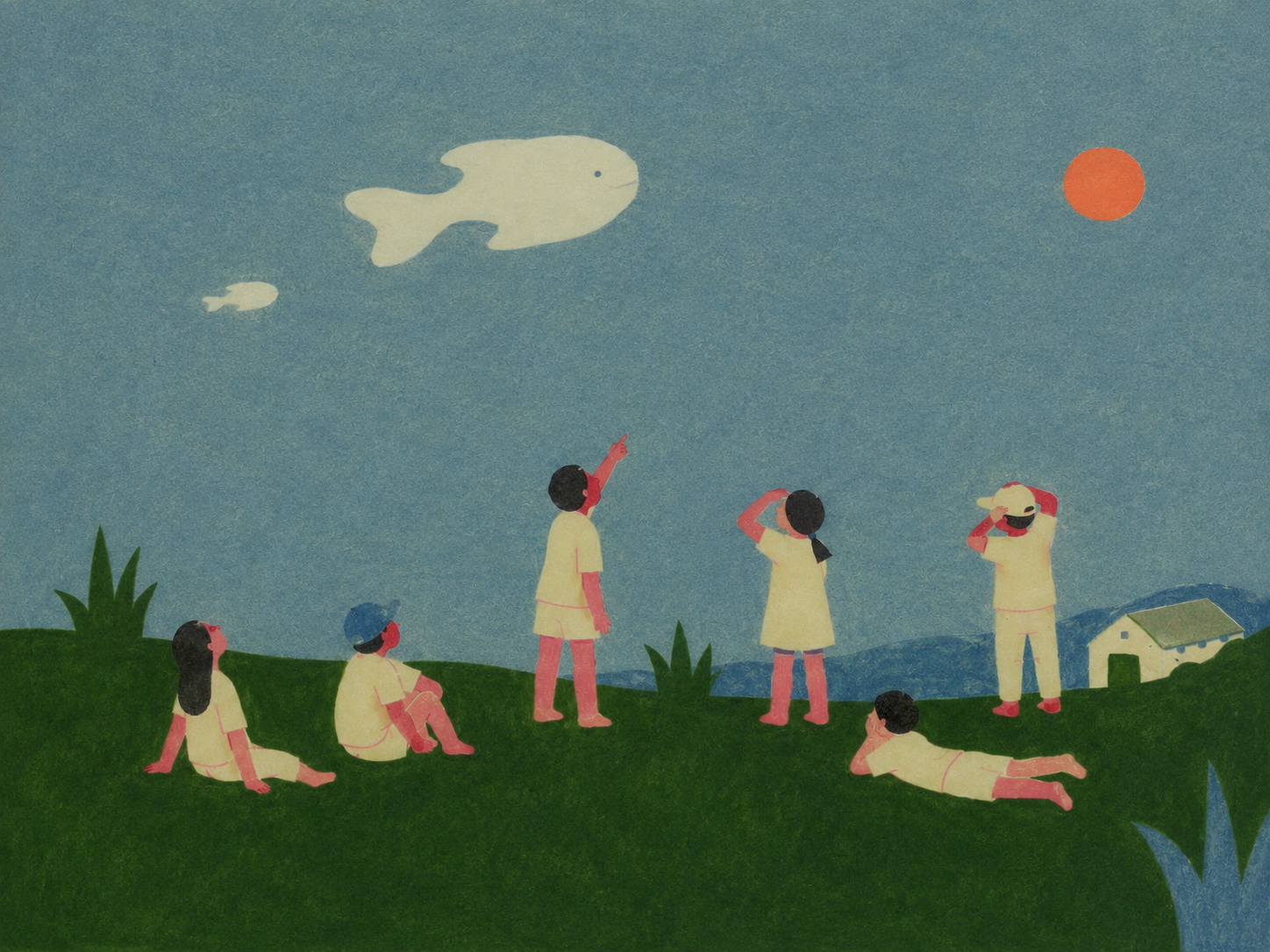 Niños observando el cielo en un prado, algunos sentados y otros acostados, mientras apuntan y miran la luna y nubes con forma de peces.
