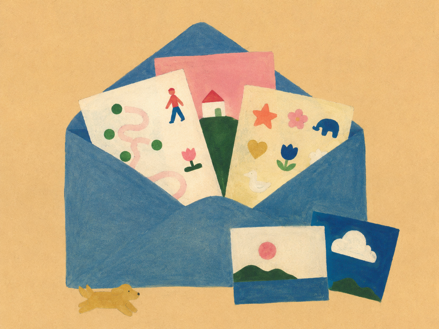 Ilustración de una carta de felicitación o mensaje, con varias tarjetas decoradas con dibujos de flores, animales, corazones, estrellas y un paisaje con sol, en una caja azul con un perro pequeño de color amarillo al frente.
