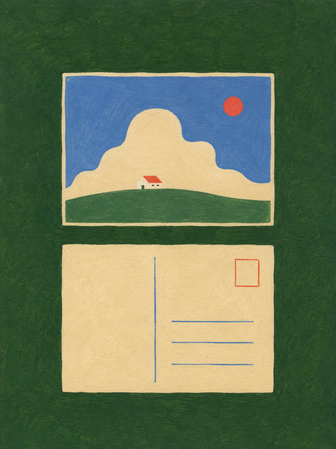 Tarjeta postal con un paisaje minimalista de una colina verde, una casa pequeña con techo rojo, un cielo azul y un sol rojo, enmarcada en un fondo verde.