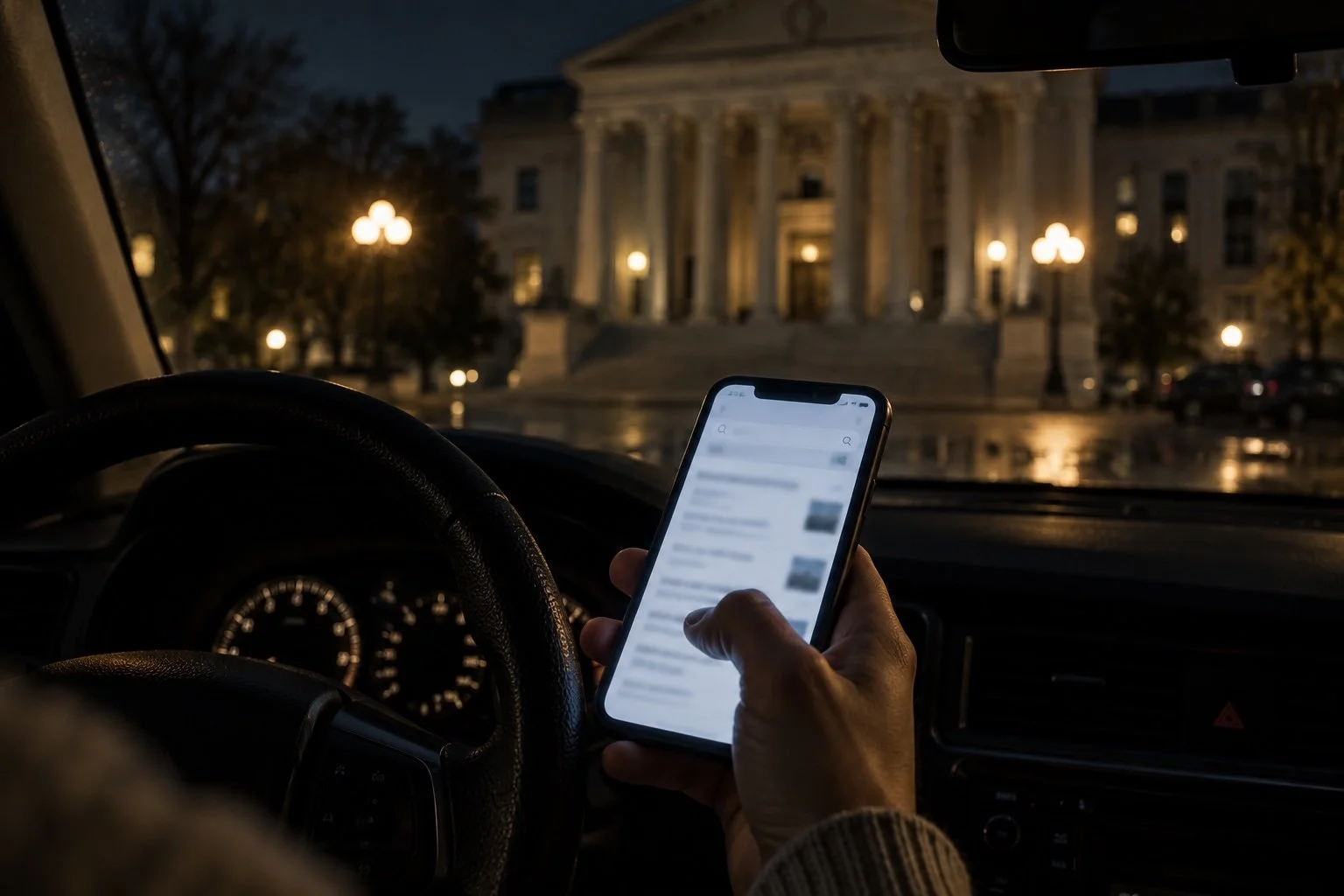 Person searching for a criminal defense lawyer on a phone at night with a courthouse in the background