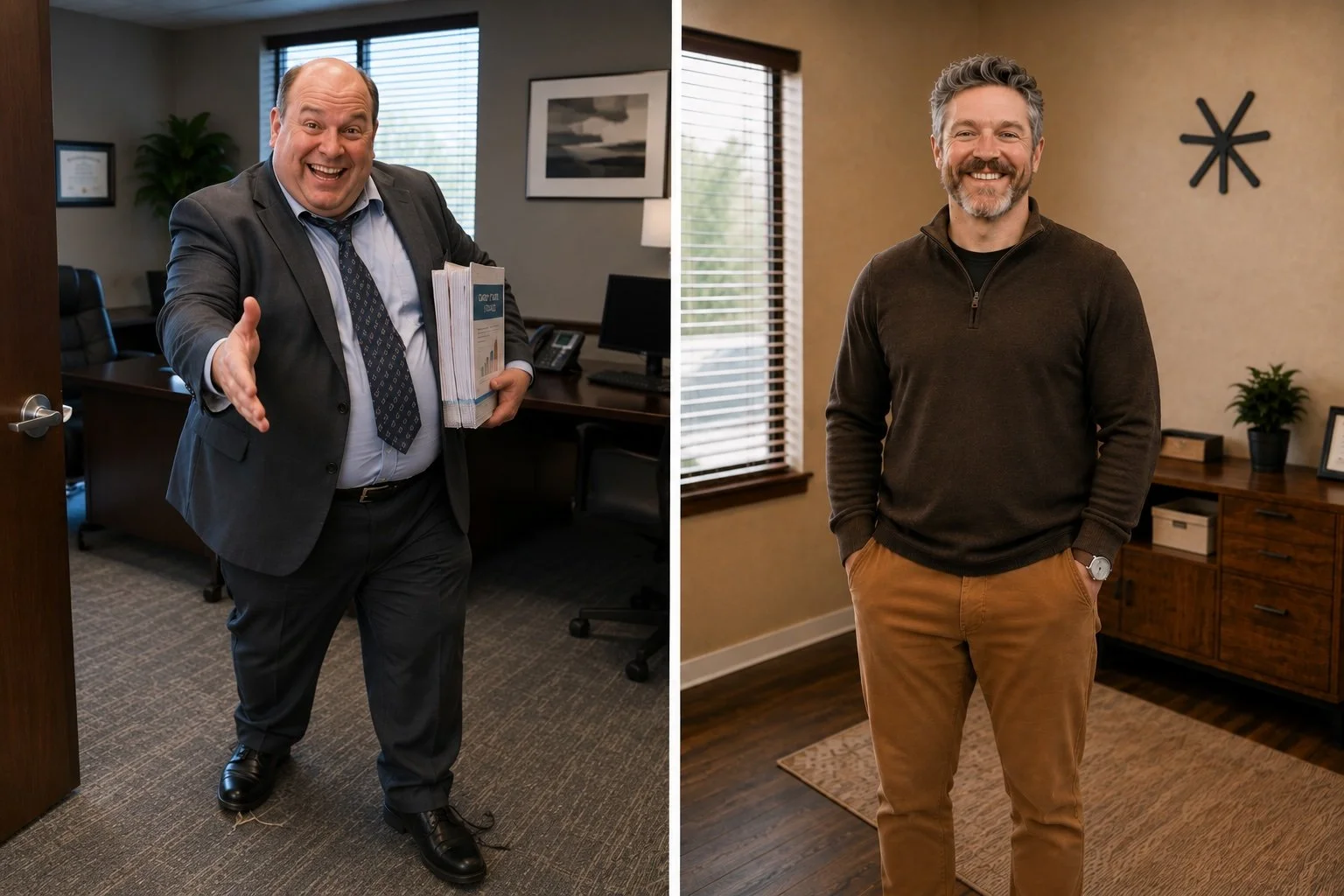 Side by side comparison of two marketing salespeople arriving at a law office. On the left an overdressed salesman with an armful of printed materials and his hand out. On the right a man in a casual professional shirt carrying a single folder.