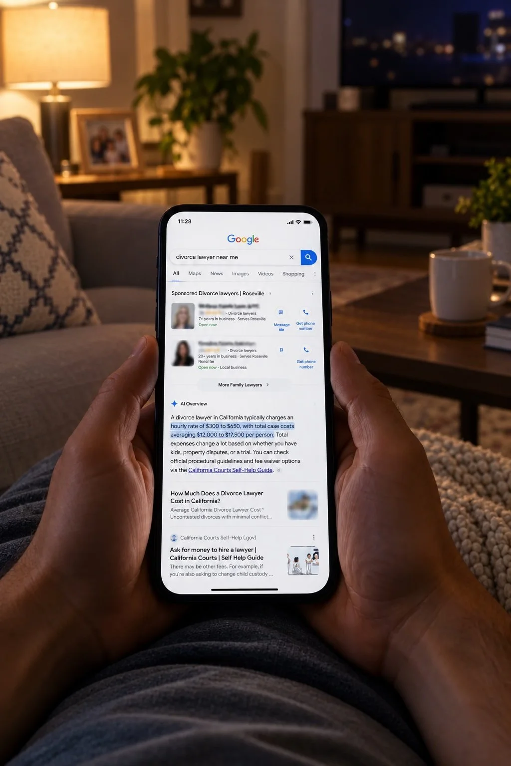 A man uses his smartphone to search for a divorce lawyer near him on Google