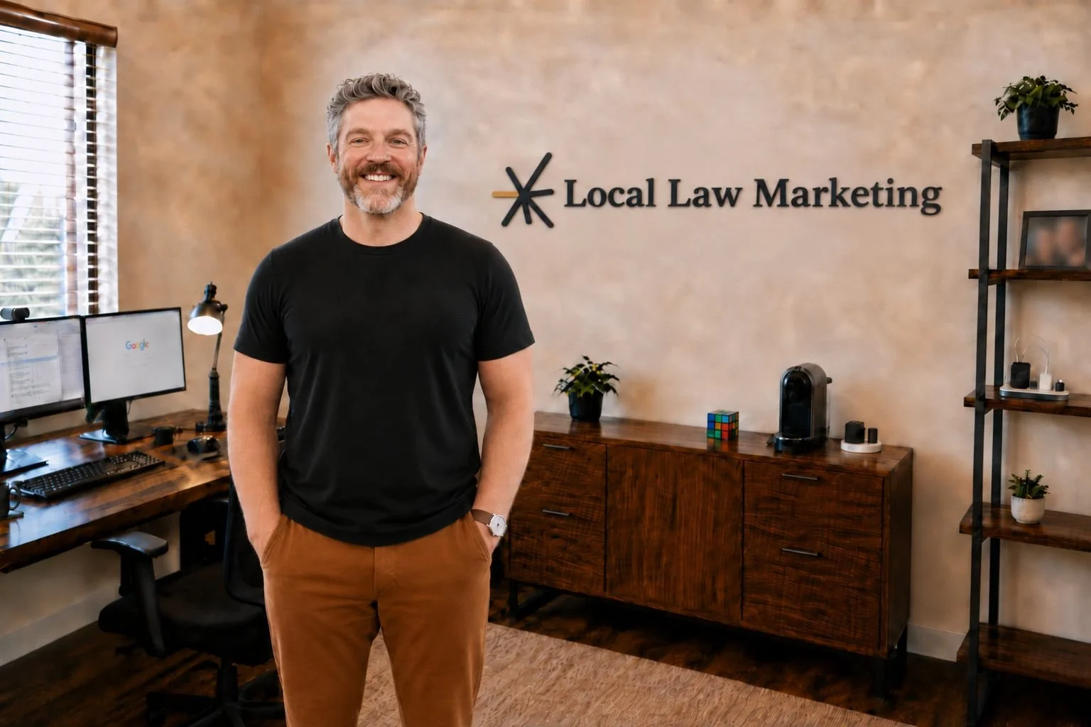 Adam Young of Local Law Marketing standing in his office in front of the company logo wall