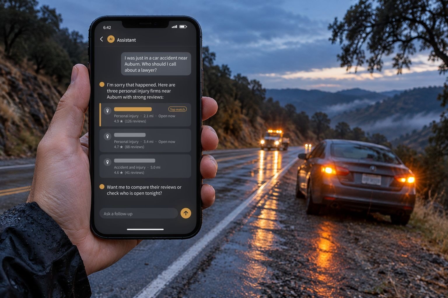 A hand holds a phone at a rainy roadside at dusk while an AI assistant lists three injury firms near Auburn, with a car on the shoulder and its hazard lights on