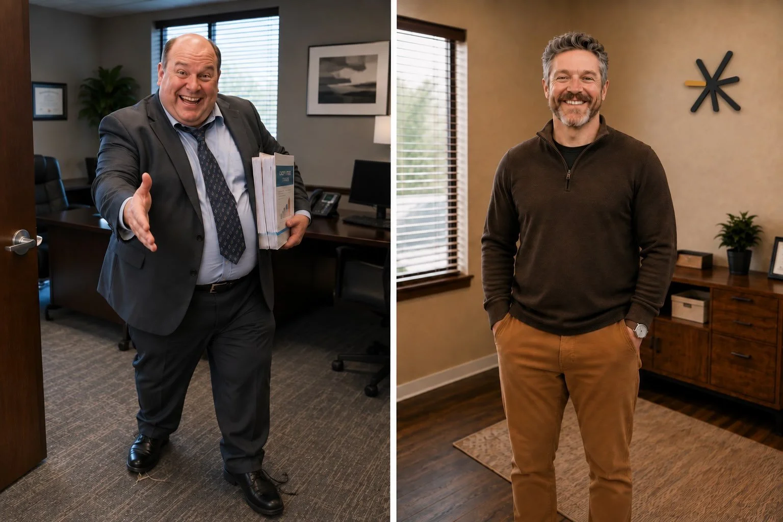 Side by side comparison of two marketing salespeople arriving at a law office. On the left an overdressed salesman with an armful of printed materials and his hand out. On the right a man in a casual professional shirt carrying a single folder.