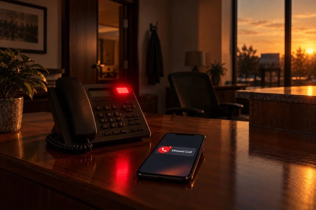 A desk phone with its red message light glowing beside a smartphone showing a missed call, on an empty reception desk at sunset