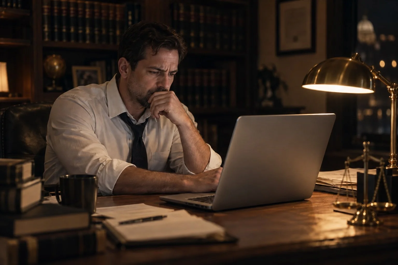 Attorney at a desk late at night searching on a laptop and not finding his law firm in the results.