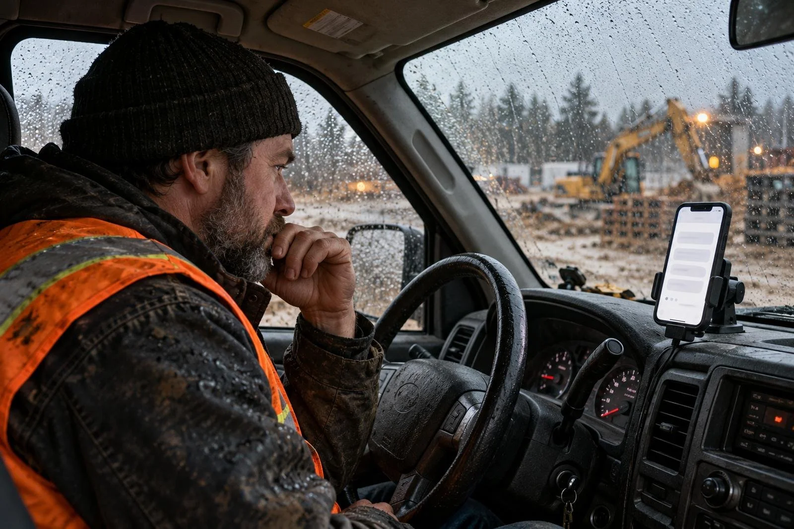 A man in a high-visibility vest sitting in a pickup cab at a rainy construction site, reading a chat assistant app on a phone clamped to the dashboard