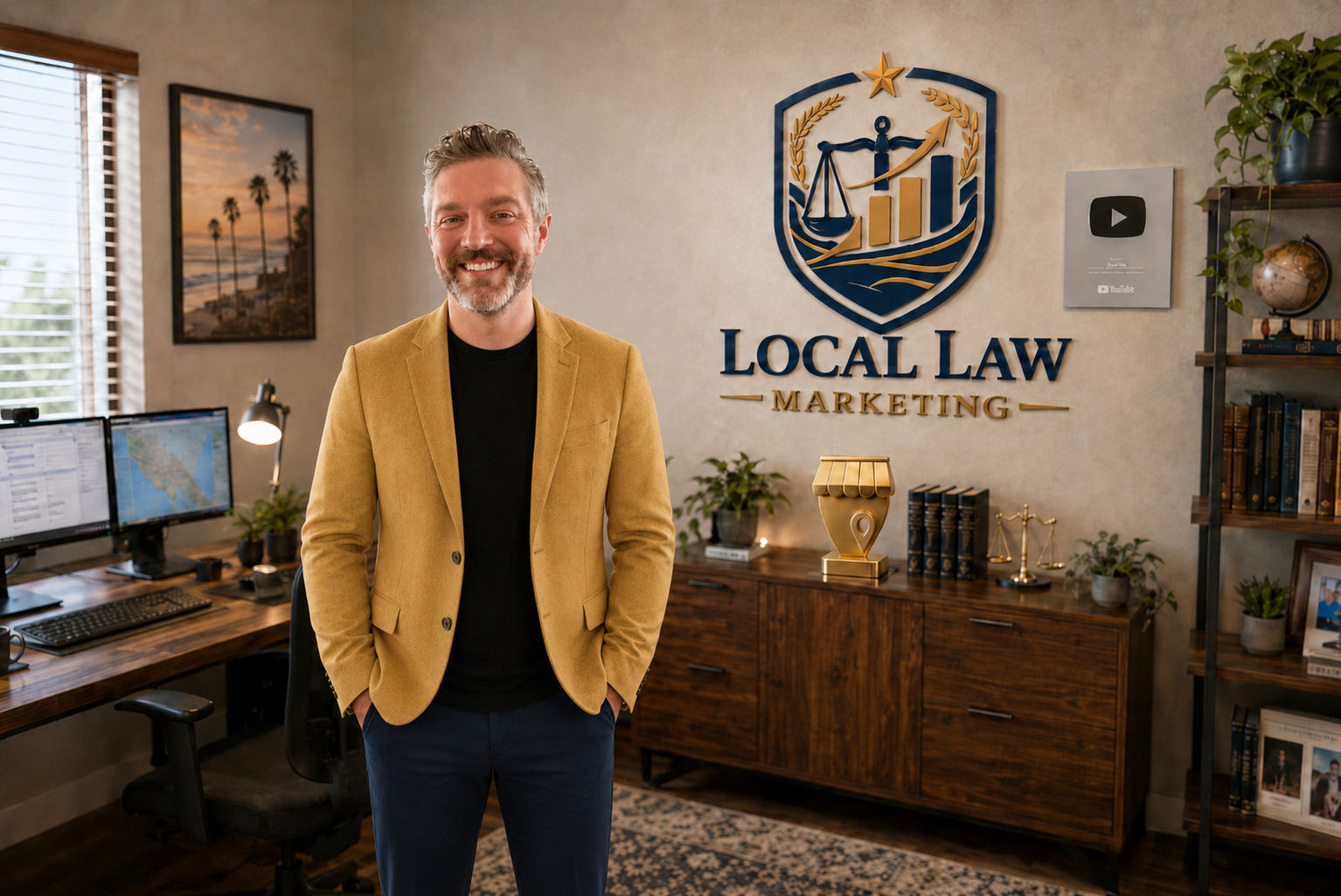 A smiling man stands in an office with awards, plants, and a 'Local Law Marketing' logo on the wall.