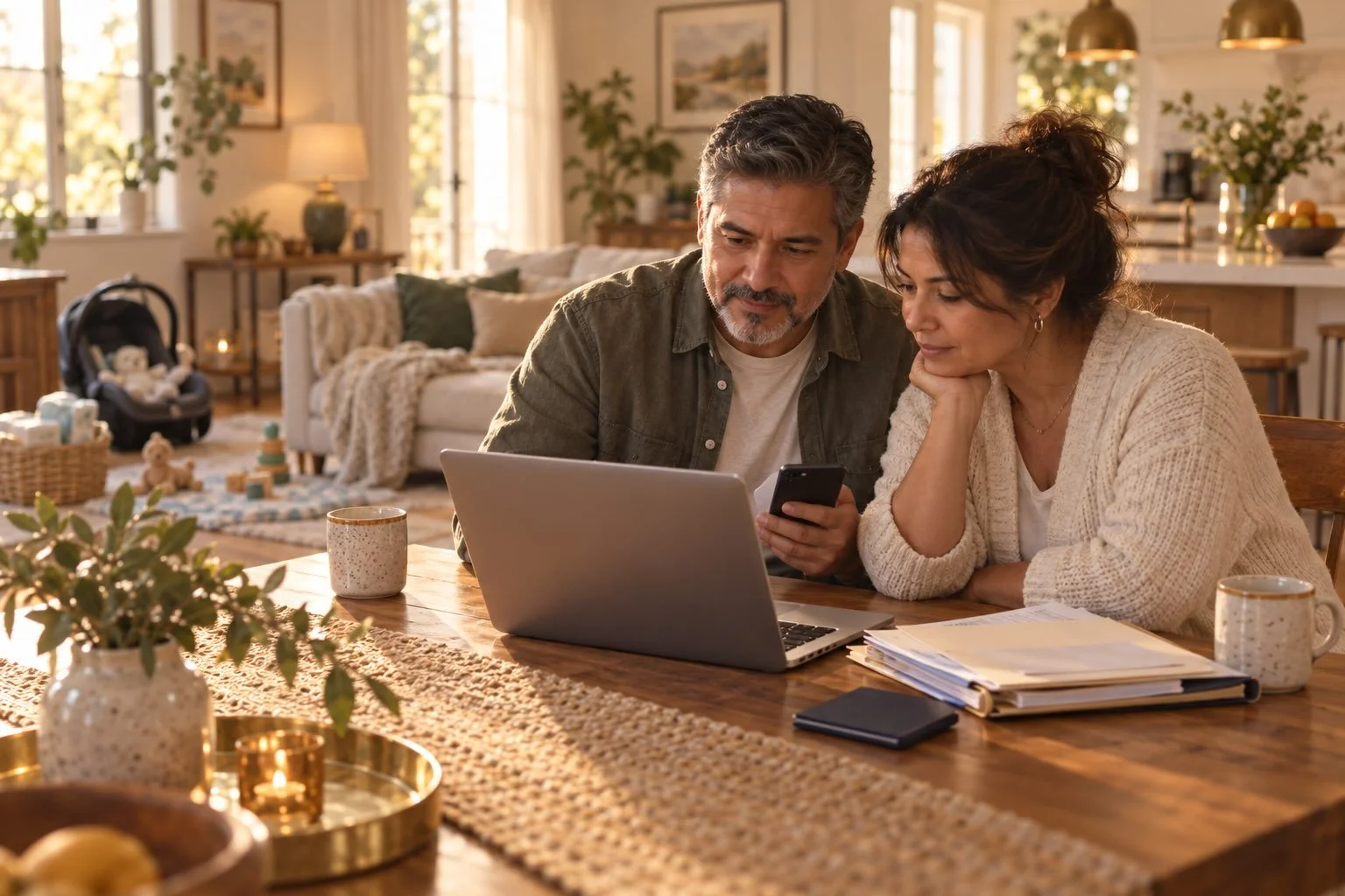 Couple researching immigration lawyers together on a laptop with their documents organized on the table