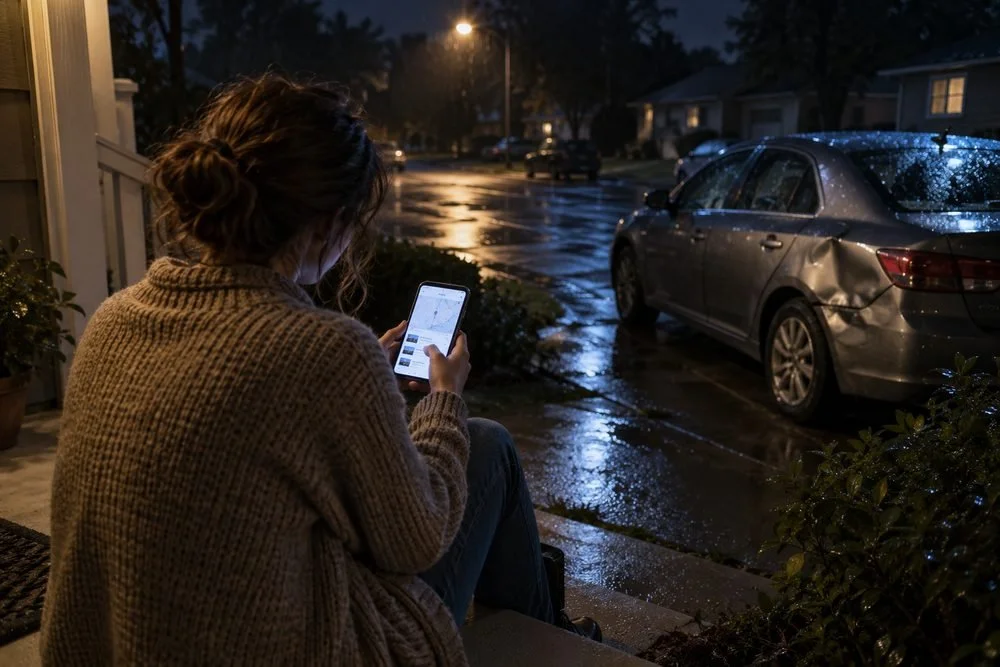 A woman sitting on front steps at night under a porch light, phone glowing with a map search, a dented car in the driveway