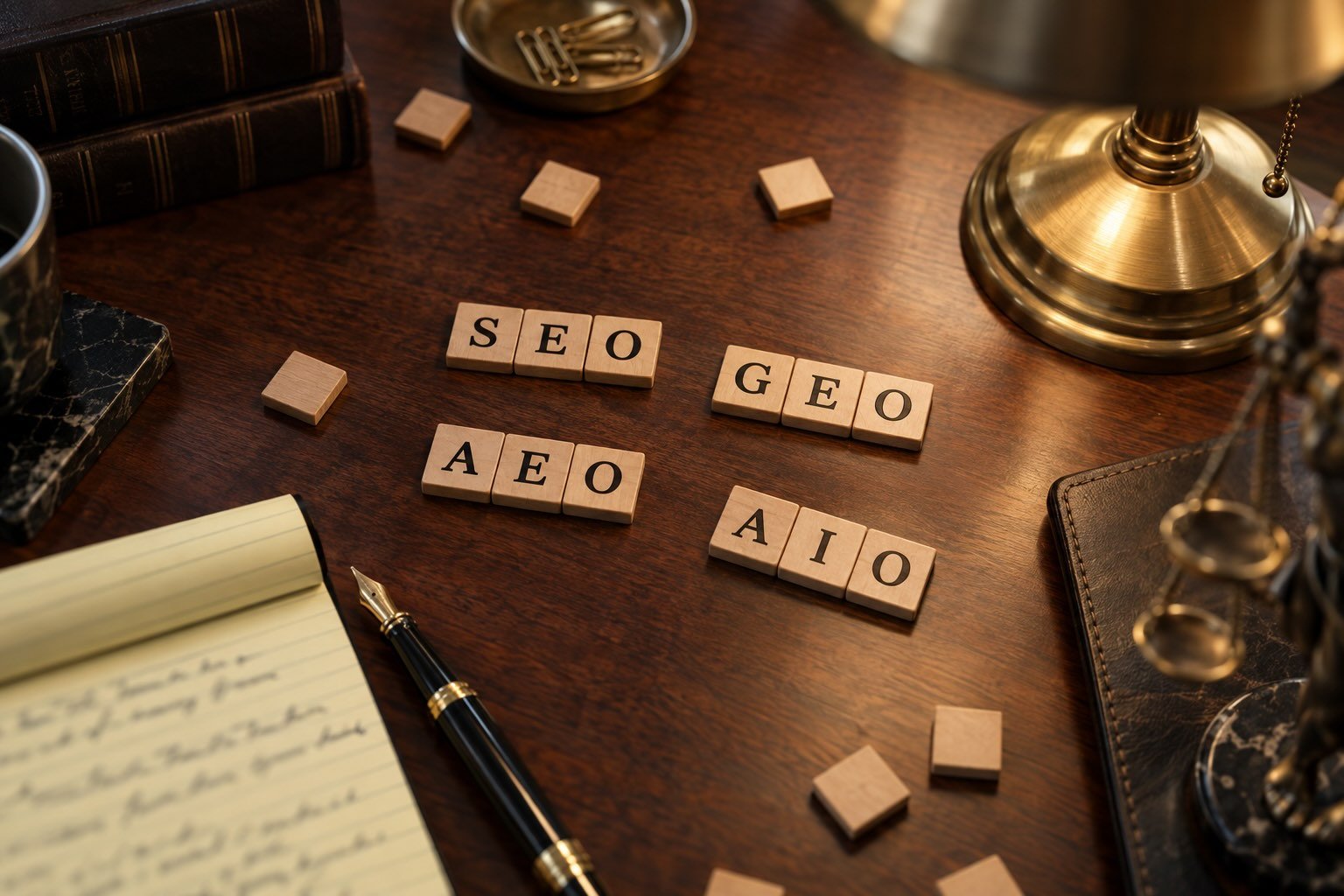 Wooden letter tiles spelling SEO, GEO, AEO, and AIO scattered across a lawyer's desk