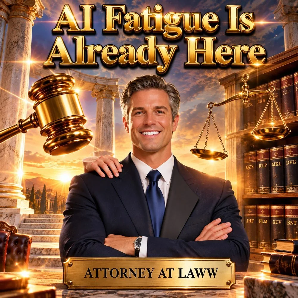 A deliberately bad AI-generated parody of a generic lawyer picture, with a floating gavel, lopsided scales, an extra hand on his shoulder, and a nameplate misspelled Attorney at Laww.
