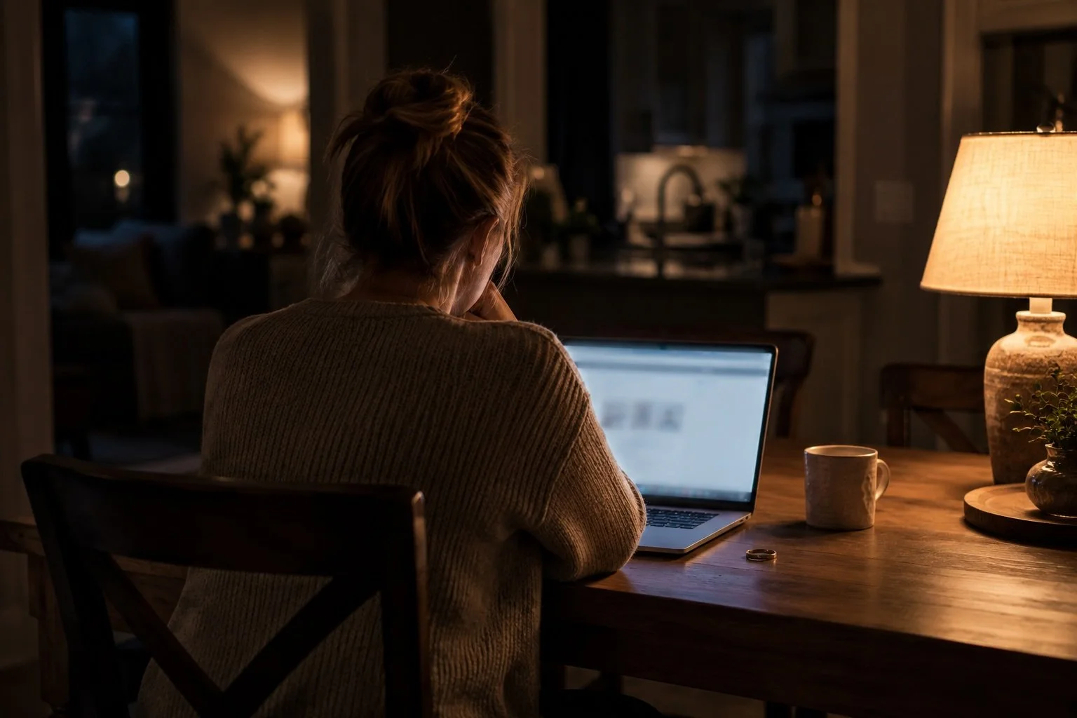Woman researching divorce options alone on a laptop at her kitchen table late at night