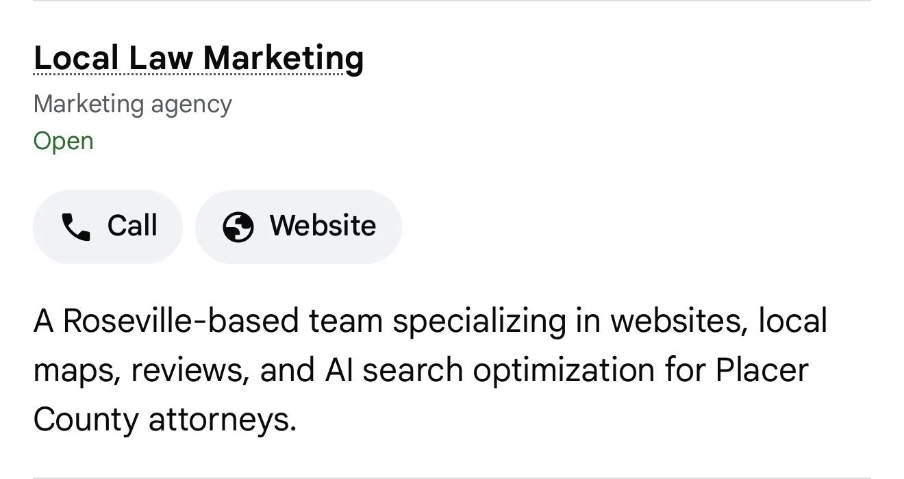 Google AI Mode result listing Local Law Marketing as a Roseville marketing agency for Placer County attorneys, September 30, 2026