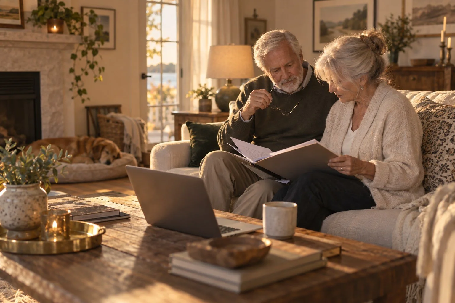 Older couple calmly reviewing estate planning documents together at home with a laptop open