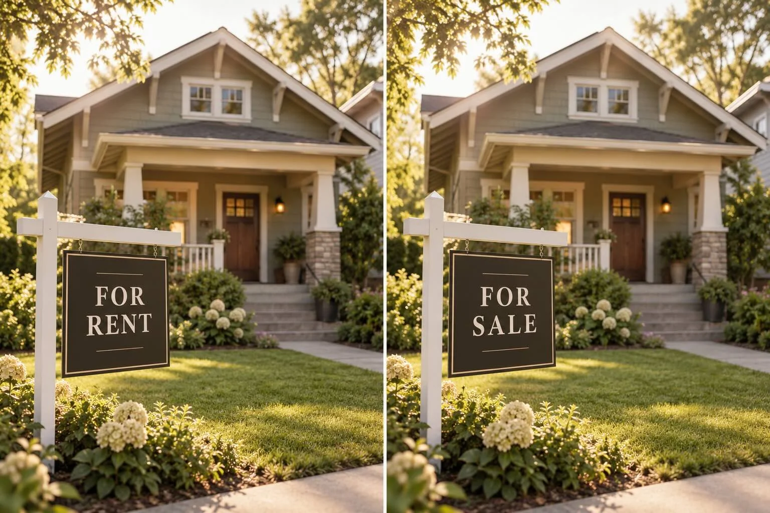 Side by side comparison of a house with a For Rent sign and a house with a For Sale sign, contrasting rented advertising with owned marketing