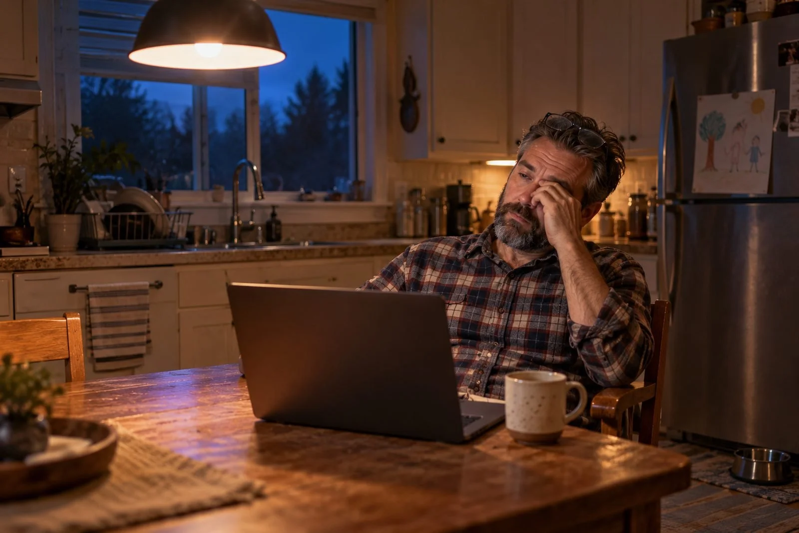 A man in a flannel shirt at a kitchen table before dawn, a laptop open to an empty search bar, a child's drawing on the refrigerator behind him