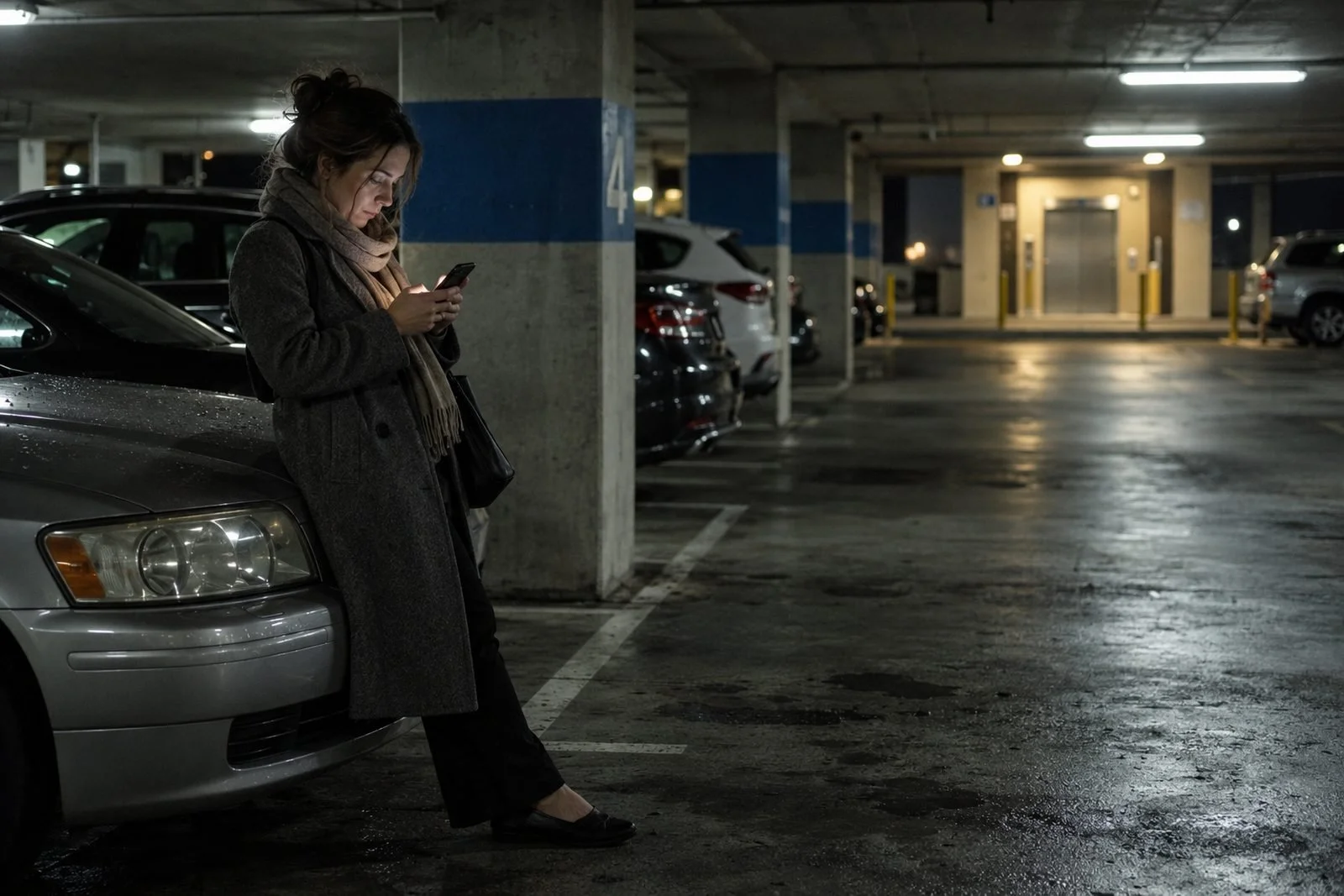 A woman in a long wool coat leaning on a car in a hospital parking garage at night, reading a business listing with star ratings on her phone