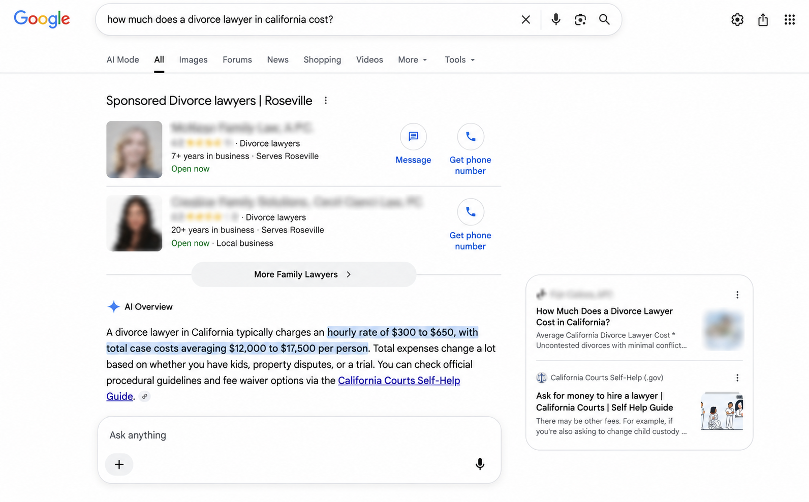Google search results for "how much does a divorce lawyer in california cost" showing two sponsored law firm ads and an AI Overview citing one law firm and a California Courts page.