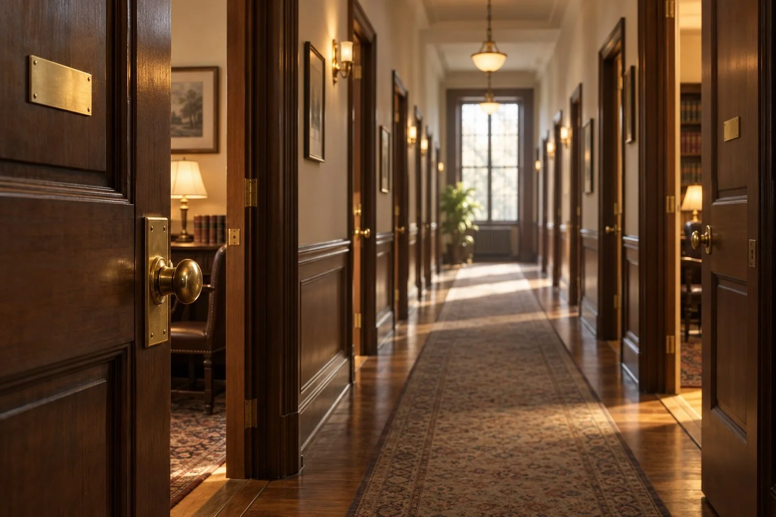 Hallway of a law building lined with open doors and warm light, representing the practice areas Local Law Marketing serves