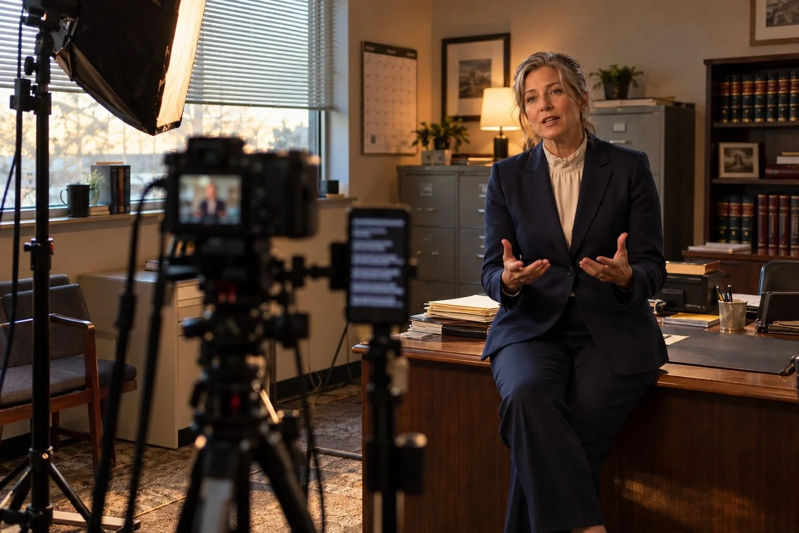 A gray-haired attorney in a navy blazer talking to a small camera on a tripod in a real office, a softbox and teleprompter phone in the foreground