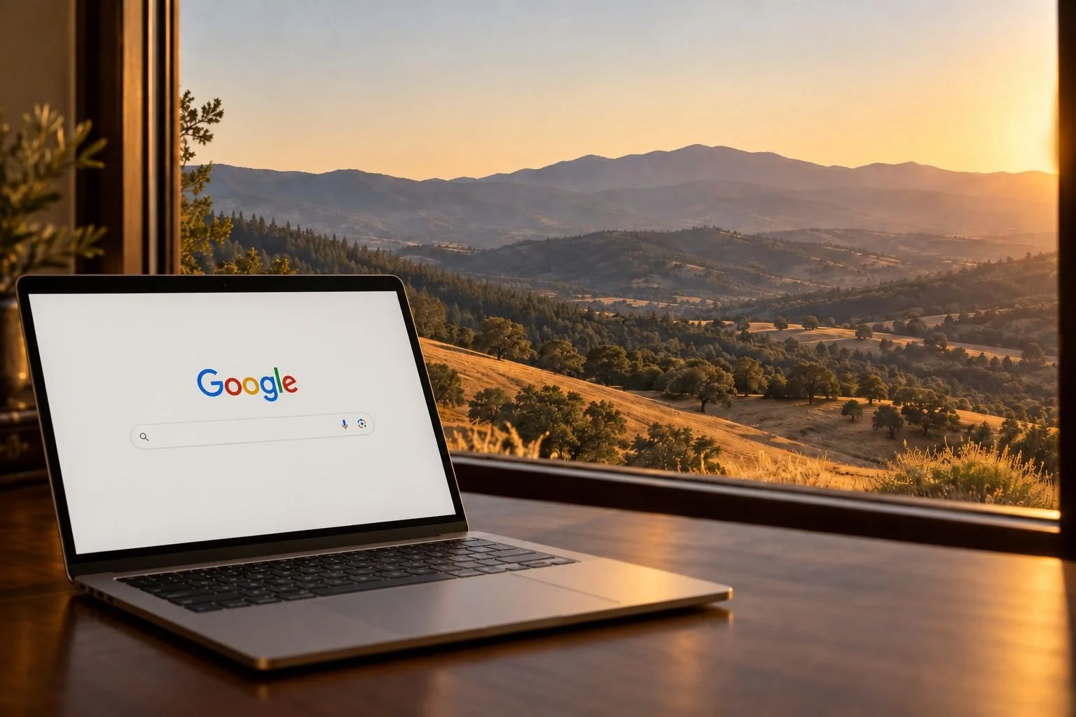 A laptop open to a Google search on a walnut desk, overlooking golden oak-dotted foothills and a Sierra ridgeline in Placer County, California