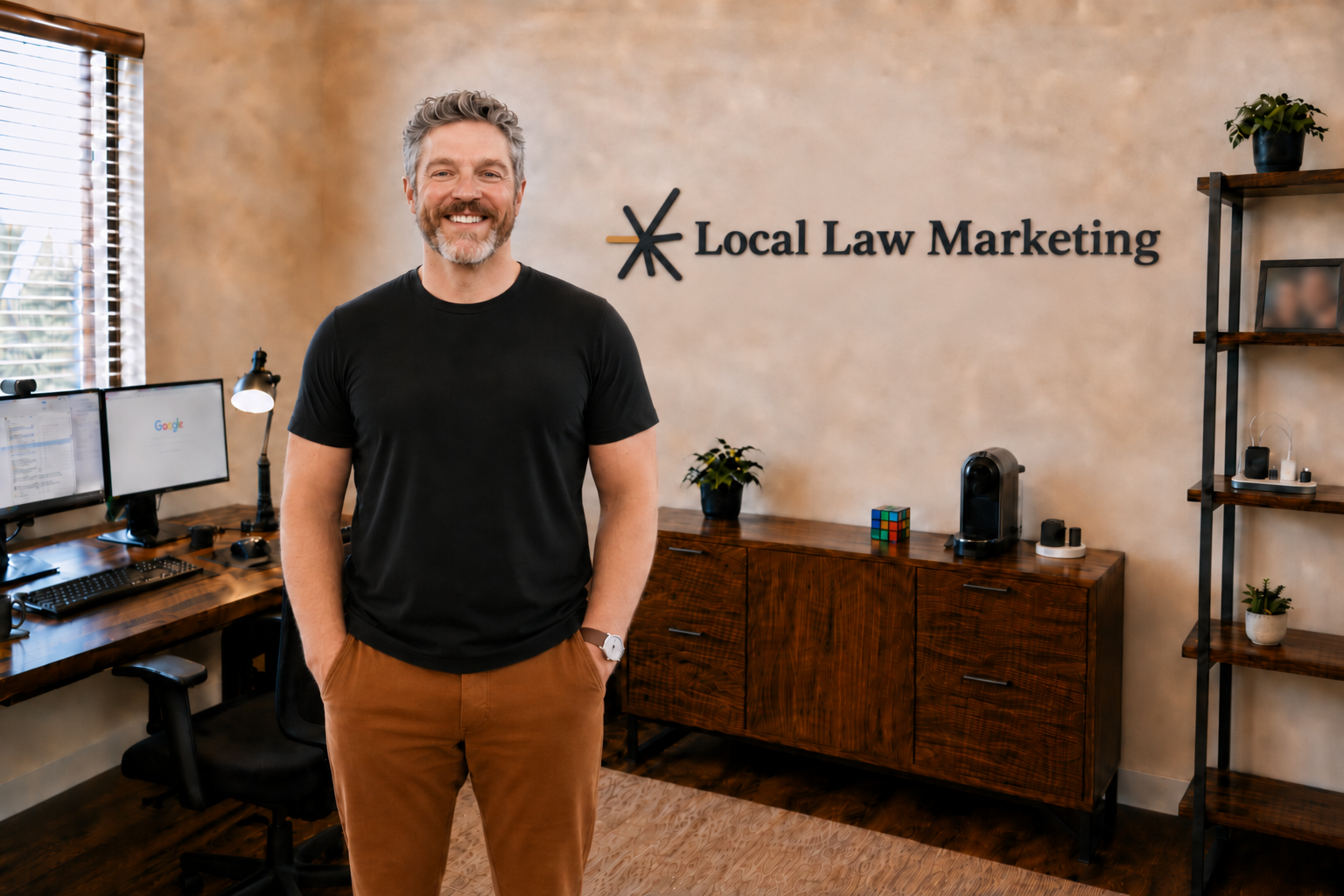 Adam Young, founder of Local Law Marketing, in the company office
