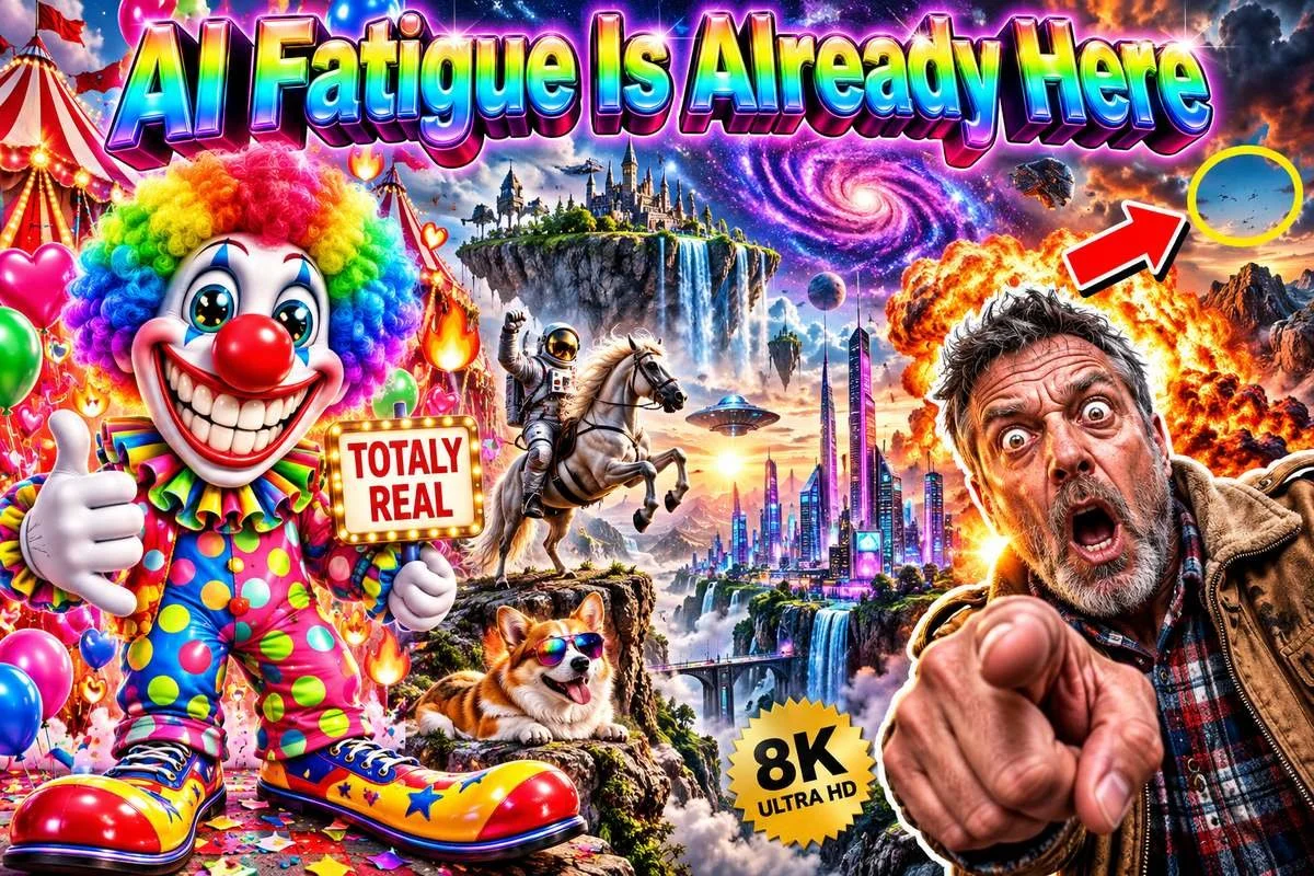 A deliberately over-the-top AI-generated parody with a cartoon clown, a shocked man pointing at the viewer, and rainbow chrome letters reading AI Fatigue Is Already Here