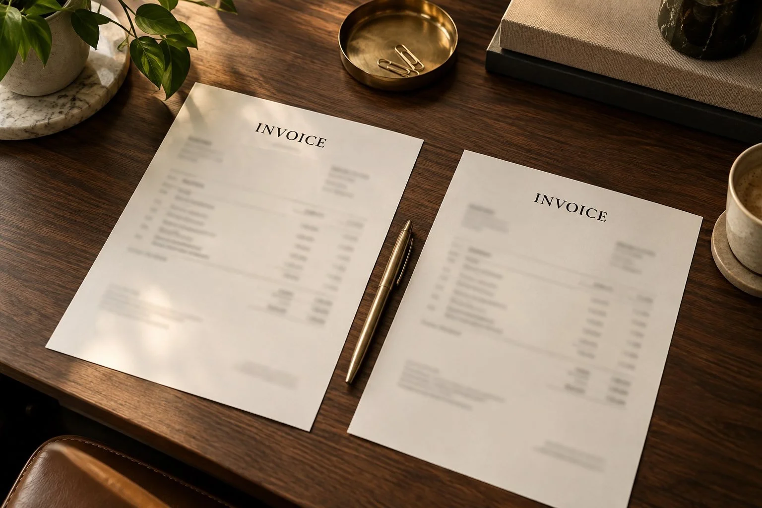 Two paper invoices side by side on a desk, representing SEO and AI search billed as two separate retainers