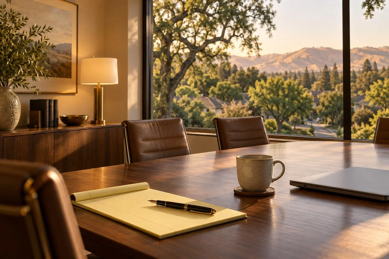 A law office conference room with a legal pad and coffee on a walnut table, looking out on an oak-lined street in Roseville, California