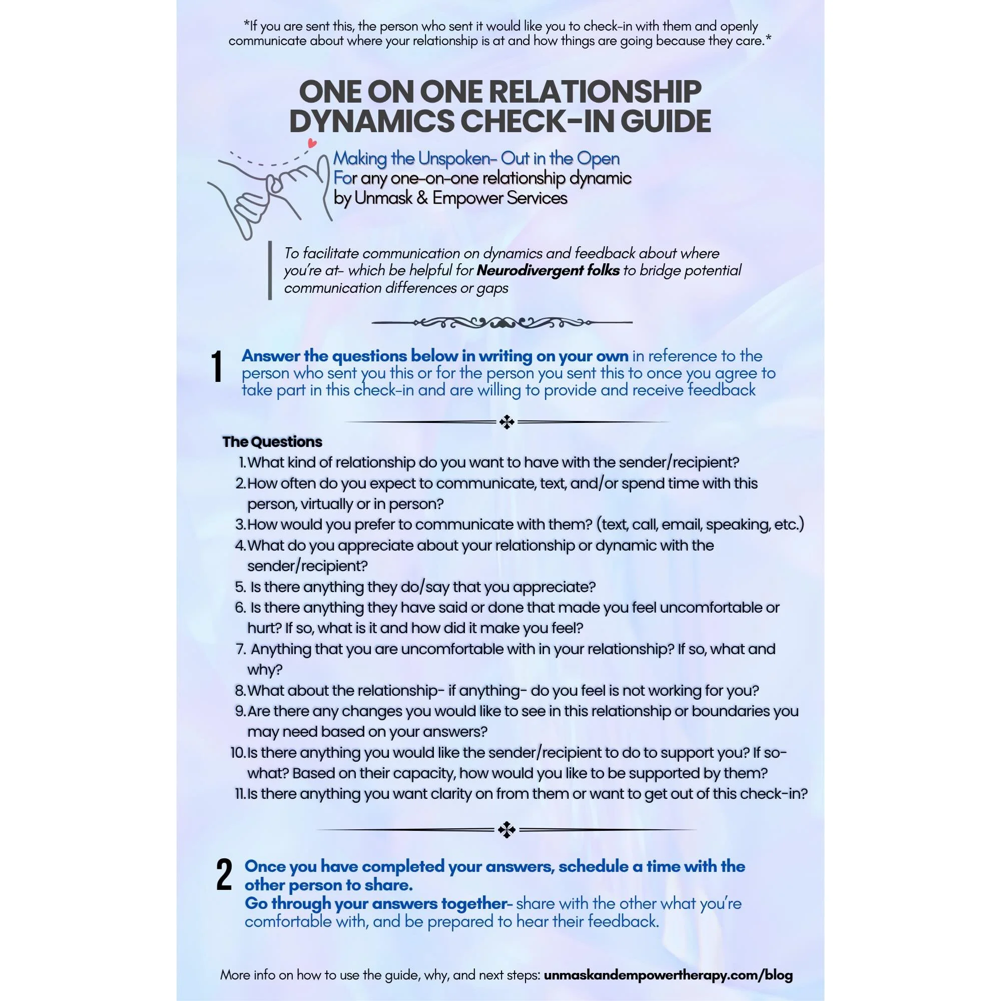 Introducing my free healthy relationship check-in conversation starter and feedback worksheet/guide (Short/One Page Version)
+ healthy boundary setting assessment and discussion tool made by me, a therapist and life coach passionate about interperson