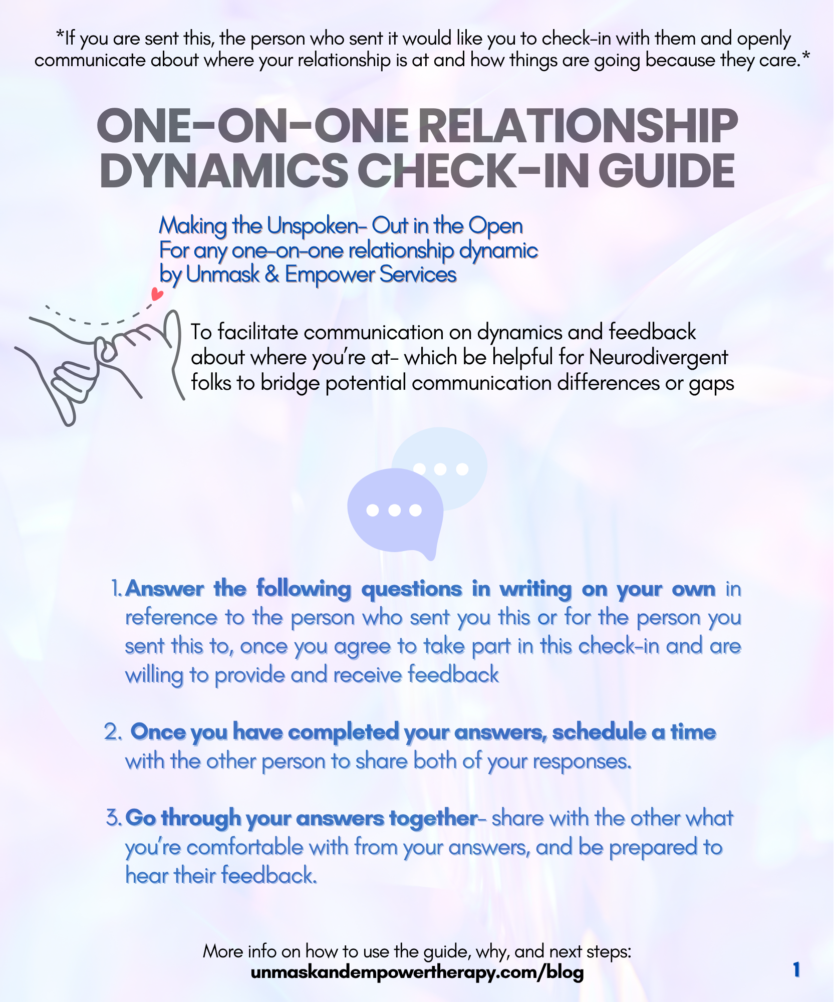 A visual description with multiple lines of text and instruction page one of the guide with the title "one-on-one relationship dynamics check-in guide" and the instructions for answering the questions in black text over a light blue and purple bg
