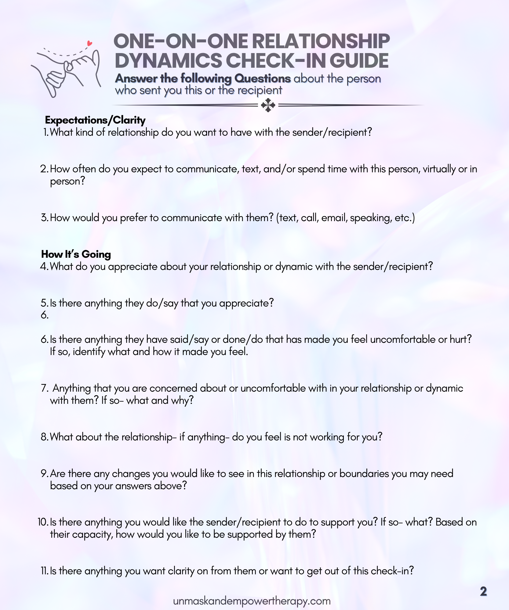 a questionnaire list of 11 question items on the second page of the guide with the title "one-on-one relationship dynamics check-in guide" and the instructions for answering the questions in black text over a light blue and purple background