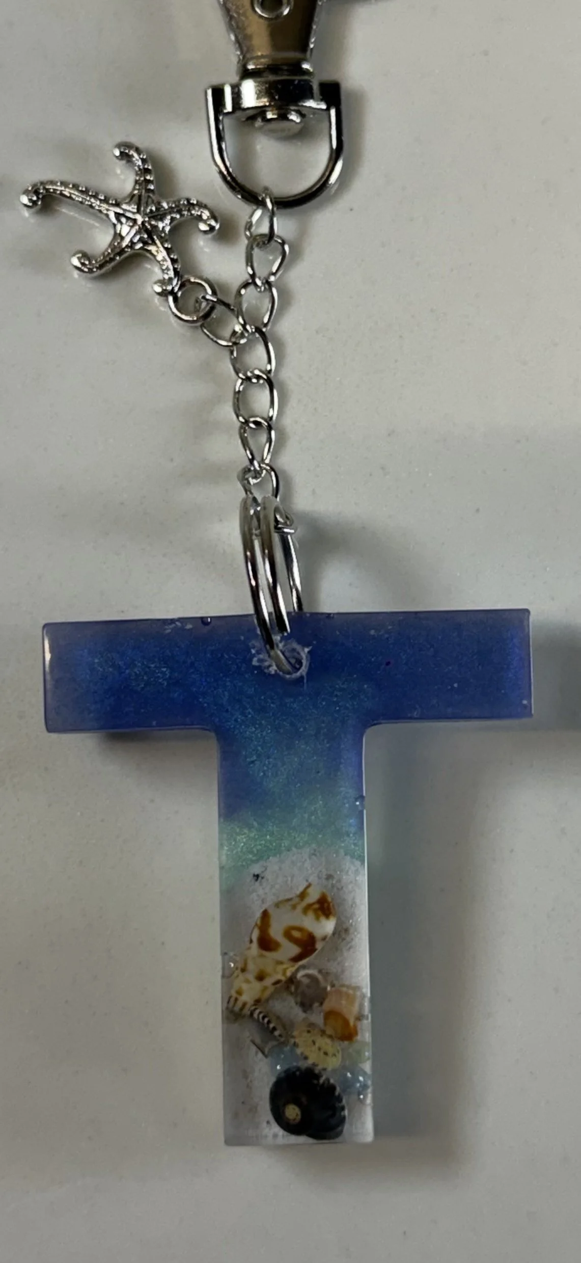 Ocean-Themed Resin Letter T Pendant with Silver Starfish Charm #86