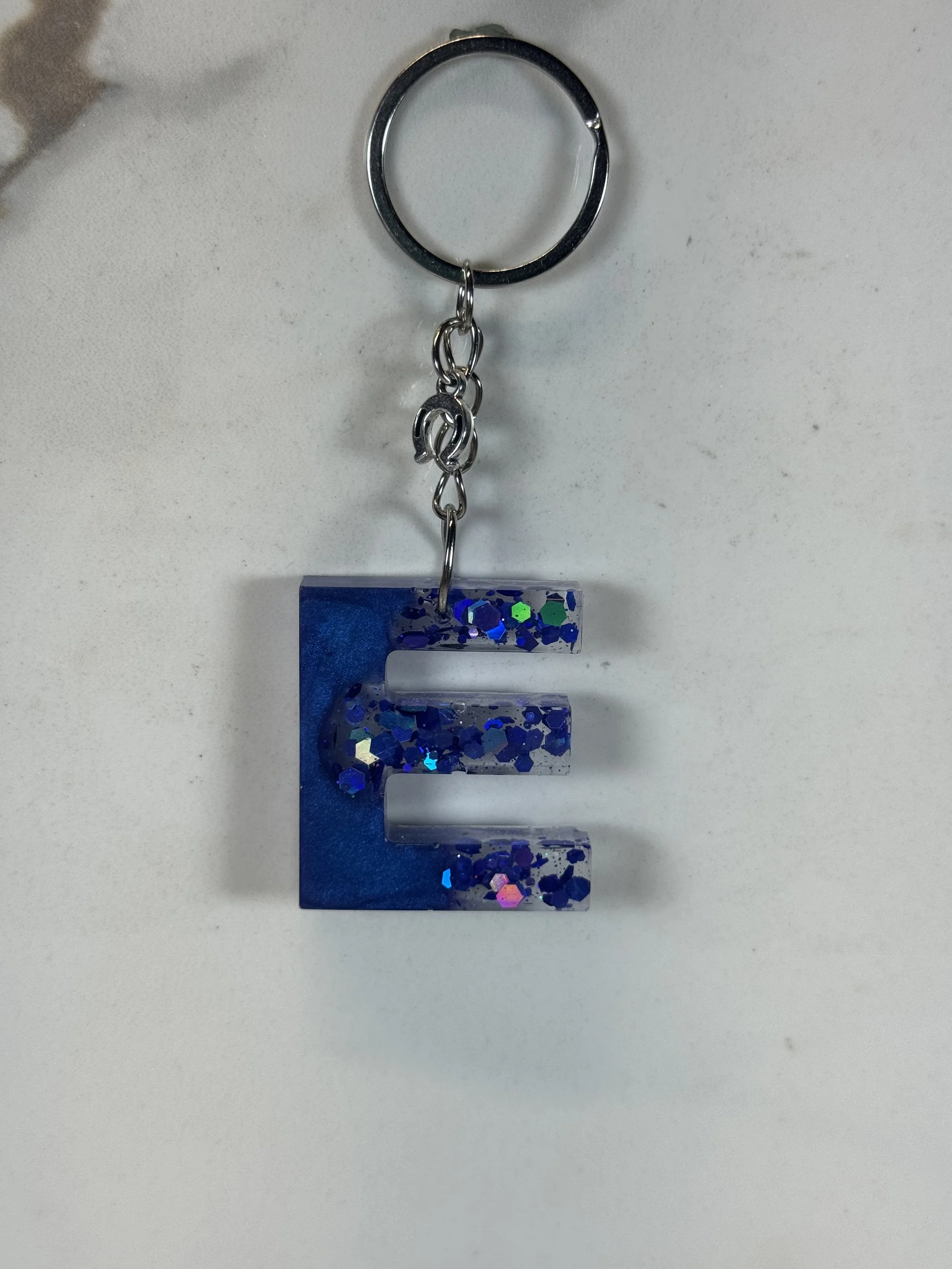 Blue Glitter Resin Letter 'E' Keychain with Horse Shoe Charm